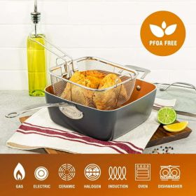 6 Quart XL Nonstick Copper Deep Square All in One 6 Qt Casserole Chef's Pan & Stock Pot- 4 Piece Set, Includes Frying Basket and Steamer Tray